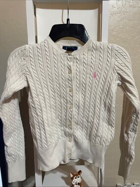 Polo by Ralph Lauren Cream Cable Knit Cardigan with Pink Pony